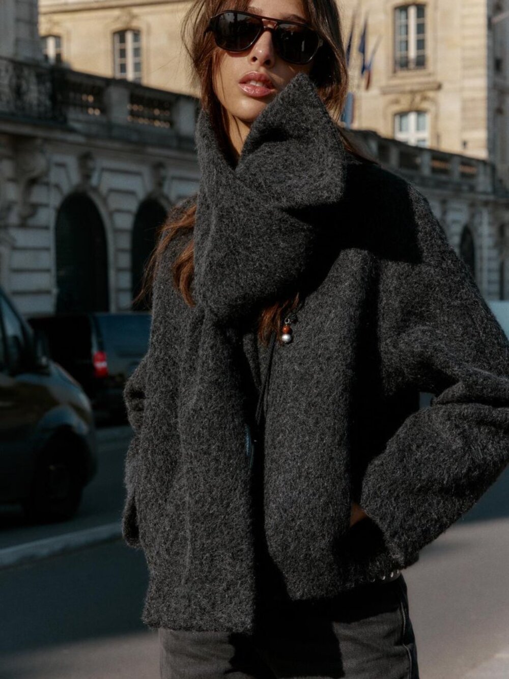 ZARA Short Boucle Coat With Detachable Scarf Dark Gray Size S NWT